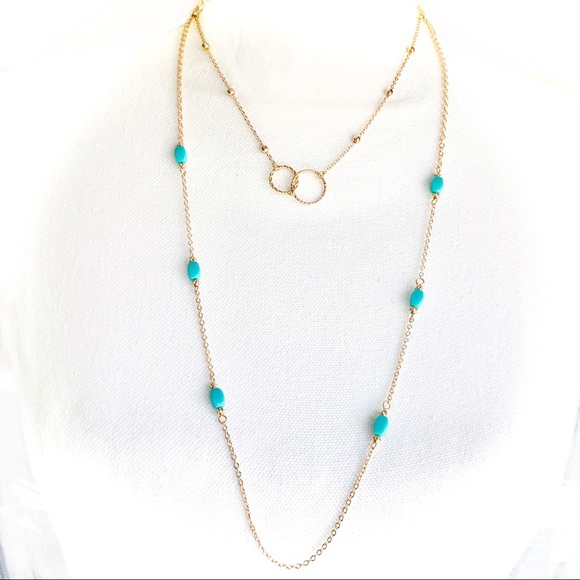 🆕 Dainty Gold Beaded Ring Chain w/Long Gold Turquoise Bead Chain Necklace NWT - Picture 3 of 3